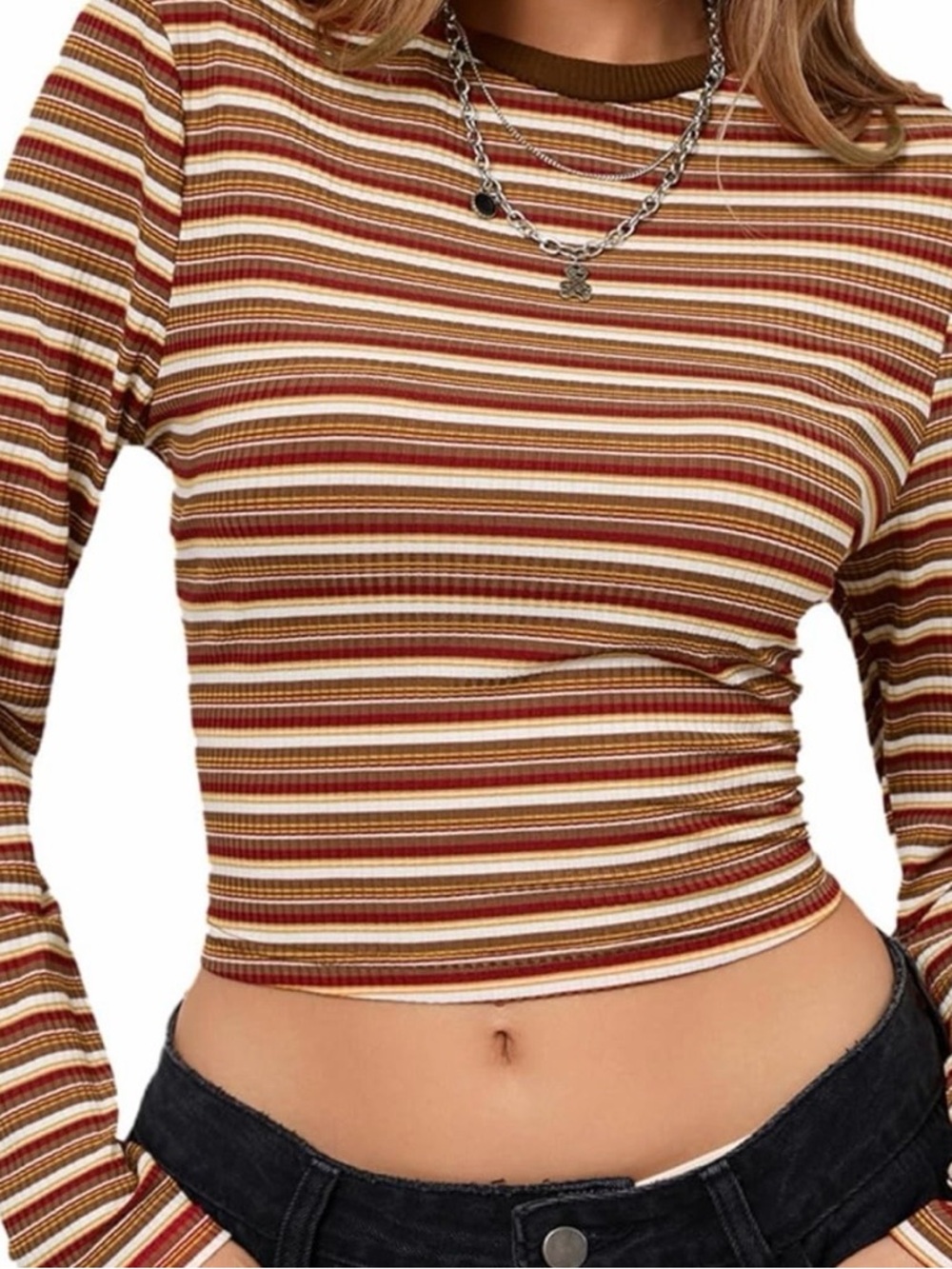 Striped long sleeve ribbed crew